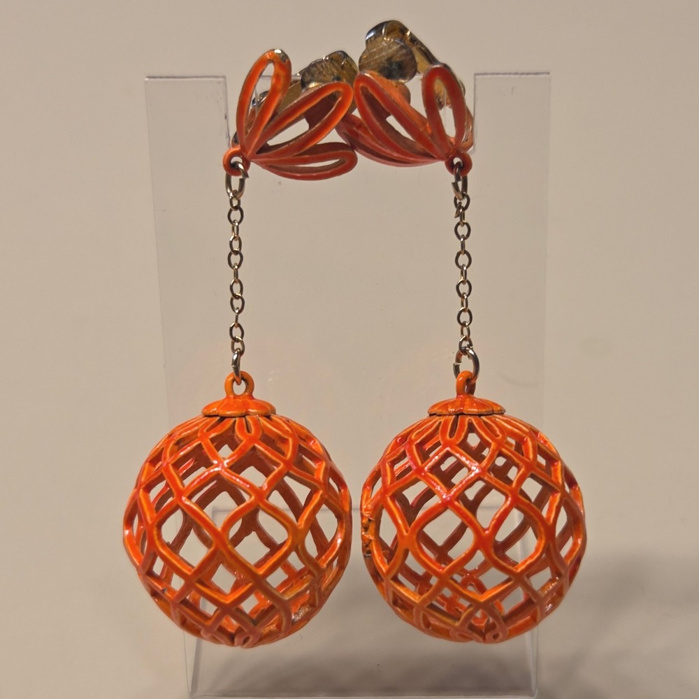 Vintage Orange Enamel Orb Cage Dangle Clip On Earrings Statement Retro